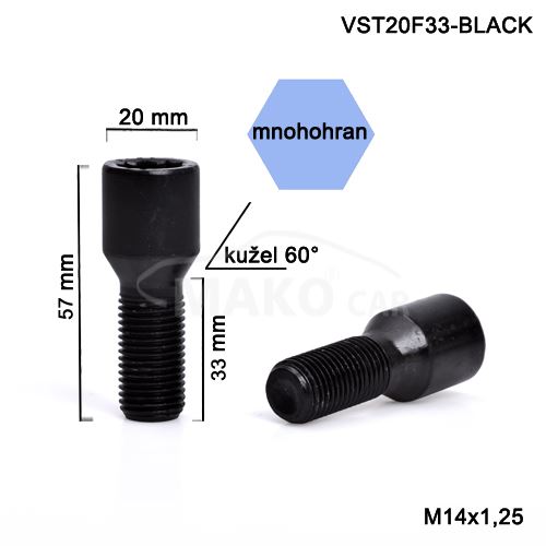 Kolový šroub M14x1,25x33 kužel, vnitřní mnohohran (VST20F33-BLACK) výška 57mm