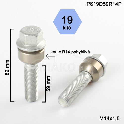 Kolový šroub M14x1,5x59 kulová R14 pohyblivá, klíč 19 (PS19D59R14-BPP19) výška 89mm