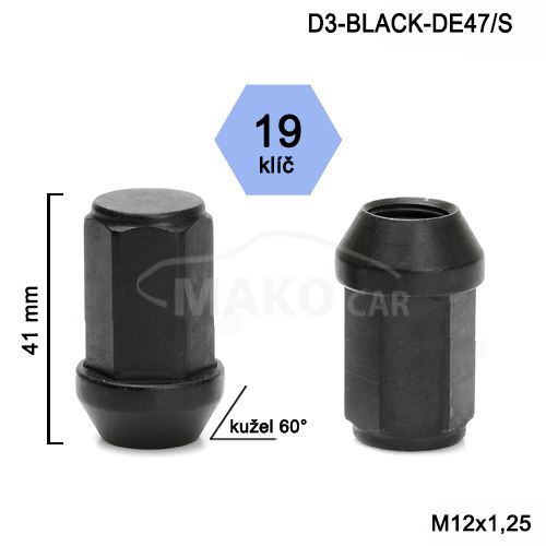Kolová matice M12x1,25 kužel zavřená prodloužená, klíč 19 (D3-BLACK-DE47/S) výška 41mm
