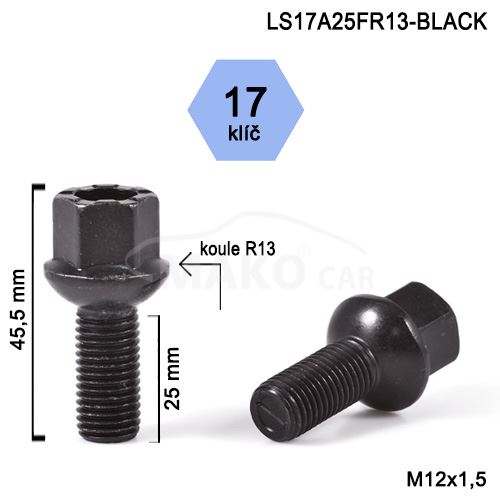 Kolový šroub M12x1,5x25 kulová R13, klíč 17 (LS17A25FR13-BLACK)(B875B) výška 45,5mm