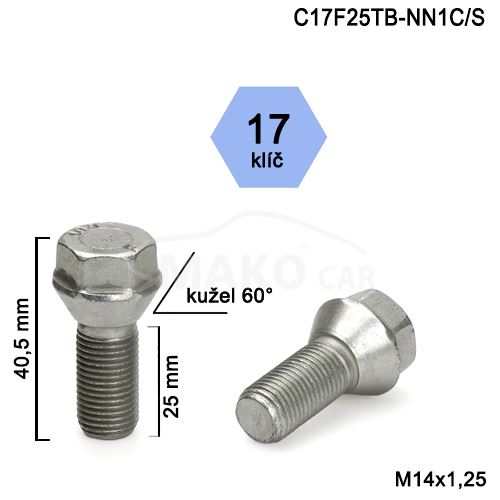 Kolový šroub M14x1,25x25 kužel s krátkou hlavou, klíč 17 (C17F25TB-NN1C) výška 40,5mm (1)