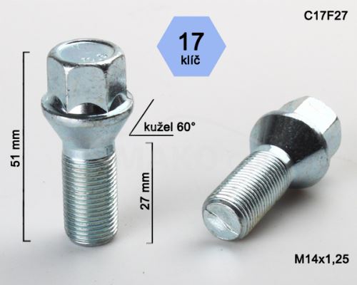 Kolový šroub M14x1,25x27 kužel, klíč 17 (C17F27)(M1425KE28S) výška 51mm (8246)
