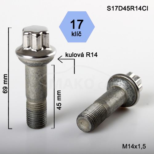 Kolový šroub M14x1,5x45 kulová R14, klíč 17 nerez krytka (LS17D45R14MB-CI) výška 69mm