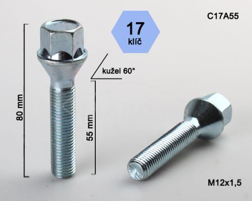 Kolový šroub M12x1,5x55 kužel, klíč 17 (C17A55)(B115)(M1215KE55S) výška 80mm (3659)