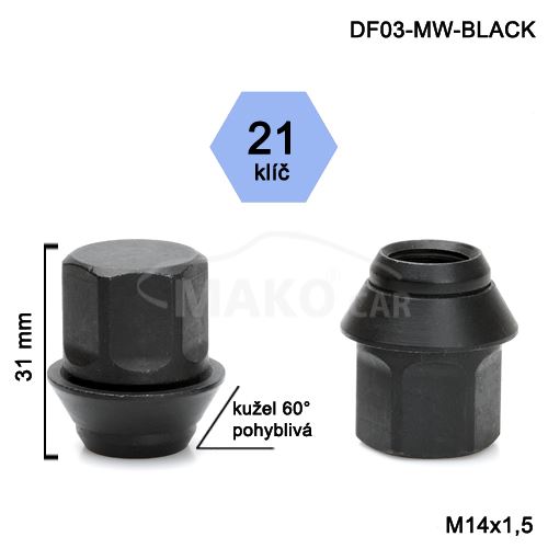 Kolová matice M14x1,5 kužel zavřená pohyblivá, klíč 21(DF03-MWT3DA2/S-BLACK) výška 31mm