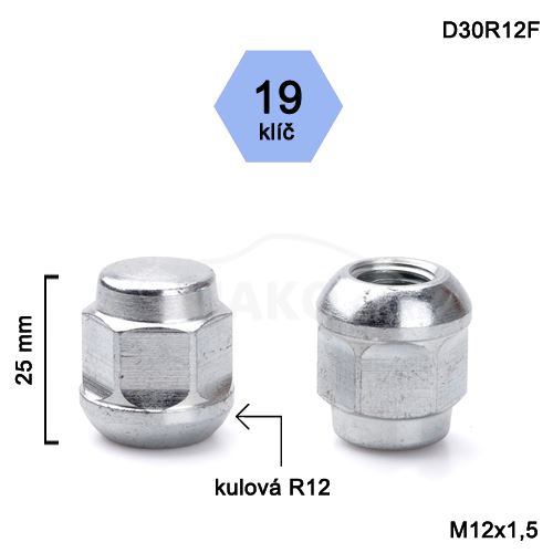 Kolová matice M12x1,5 kulová R12 zavřená, klíč 19 (D30R12-AC1/S) výška 25mm (1)