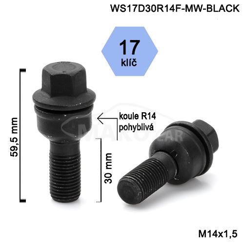 Kolový šroub M14x1,5x30 kulová R14 pohyblivá, klíč 17 (WS17D30R14MW-BLACK-PP12) výška 59mm