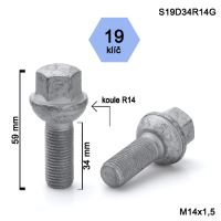 Kolový šroub M14x1,5x34 kulová R14, klíč 19 (S19D34R14-AL3B96) výška 59mm
