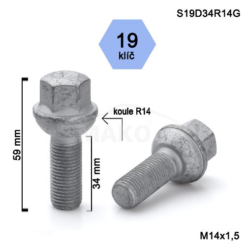 Kolový šroub M14x1,5x34 kulová R14, klíč 19 (S19D34R14-AL3B96) výška 59mm (1)