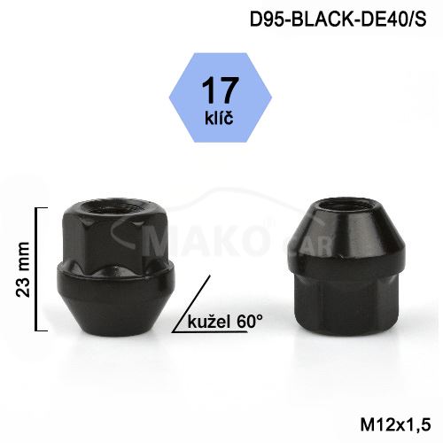 Kolová matice M12x1,5 kužel otevřená, klíč 17 (D95-BLACK-DE40/S) výška 23mm
