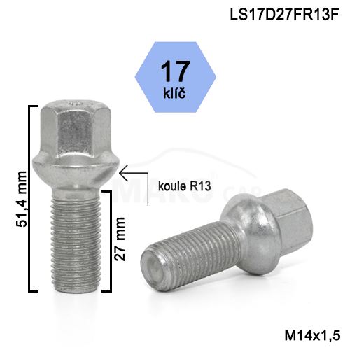 Kolový šroub M14x1,5x27 kulová R13, klíč 17 (LS17D27FR13-ZAB54) výška 51,4 mm