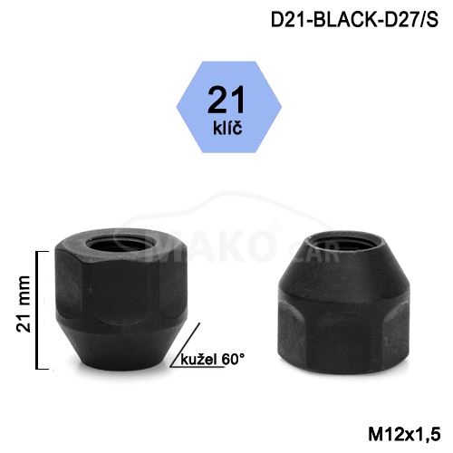 Kolová matice M12x1,5 kužel otevřená, klíč 21 (D21-BLACK-D27/S) výška 21mm