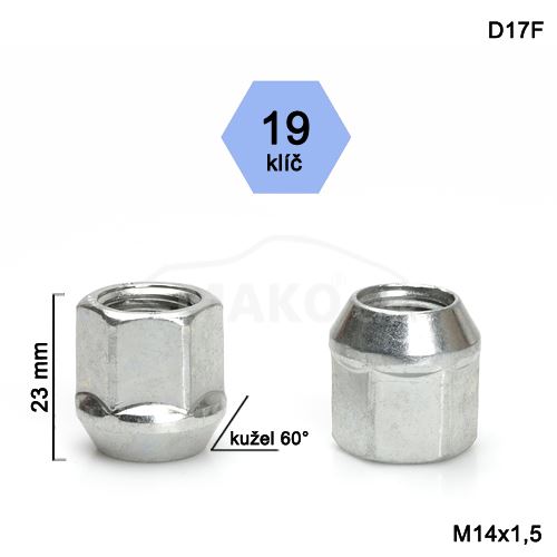 Kolová matice M14x1,5 kužel otevřená, klíč 19 (D17-DE36/S) výška 23mm