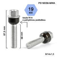 Kolový šroub M14x1,5x58 kulová R14 pohyblivá, klíč 19 (PS19D58-MWA)(B1257G) výška 87,5mm