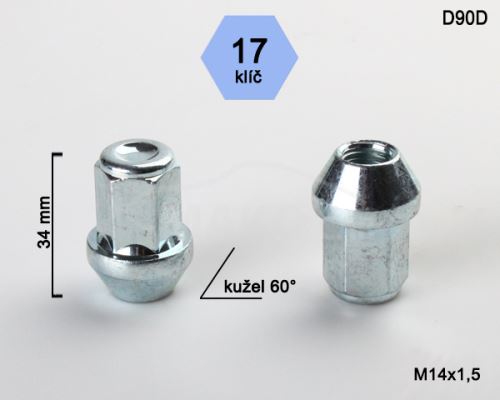 Kolová matice M14x1,5 kužel zavřená, klíč 17 (D90D) výška 34mm