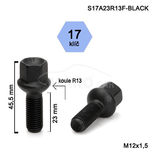 Kolový šroub M12x1,5x23 kulová R13, klíč 17 (S17A23R13-BLACK-SB42/S) výška 45,5mm