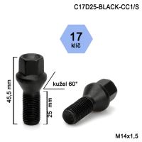 Kolový šroub M14x1,5x25 kužel, klíč 17 (C17D25-BLACK-CC1/S) výška 45,5mm
