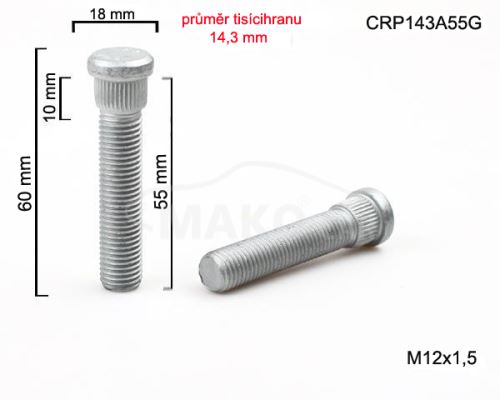Kolový svorník M12x1,5x55 tisícihran průměr 14,3mm (CRP143A55G) celková délka 60mm (6386)