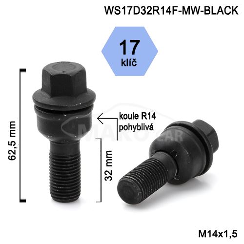 Kolový šroub M14x1,5x32 kulová R14 pohyblivá, klíč 17 (WS17D32R14MW-BLACK-BPP5) výška 62mm
