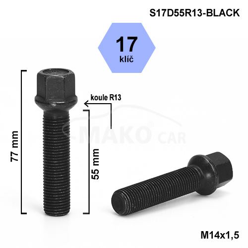 Kolový šroub M14x1,5x55 kulová R13, klíč 17 (S17D55R13-BLACK-B1135B) výška 77mm