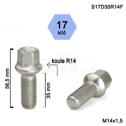 Kolový šroub M14x1,5x35 kulová R14, klíč 17 (S17D35R14-SZ1M) výška 56,5mm