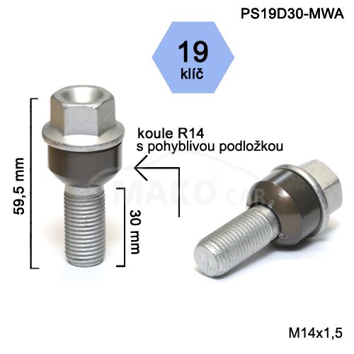 Kolový šroub M14x1,5x30 kulová R14 pohyblivá, klíč 19 (PS19D30-MWA)(B1250G) výška 59,5mm