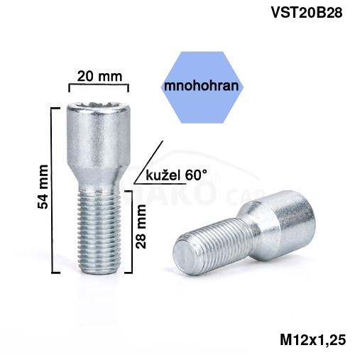 Kolový šroub M12x1,25x28 kužel, vnitřní mnohohran (VST20B28) výška 54mm (3343)