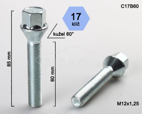Kolový šroub M12x1,25x60 kužel, klíč 17 (C17B60)(B138) výška 85mm (8221)