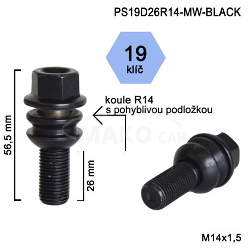 Kolový šroub M14x1,5x26 kulová R14 pohyblivá, klíč 19 (S19D26R14MW-BLACK) výška 56,5mm (1)