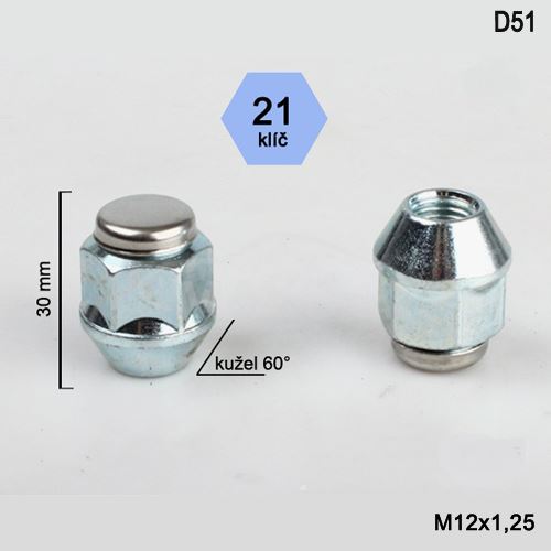 Kolová matice M12x1,25 kužel nerez víčko, klíč 21 (D51)(N501) výška 30mm (1)
