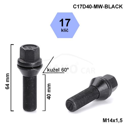 Kolový šroub M14x1,5x40 kužel pohyblivý, klíč 17 (C17D40MW-BLACK-V1415KE40W) výška 64mm