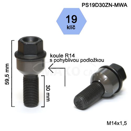 Kolový šroub M14x1,5x30 kulová R14 pohyblivá,klíč 19(PS19D30-MWA-BLACK) výška 59,5mm