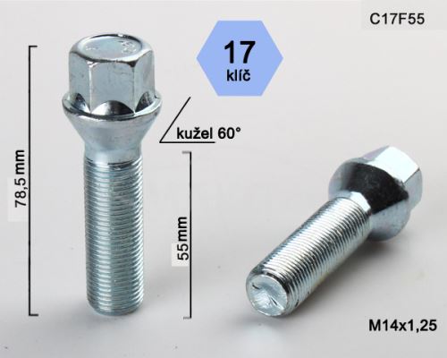 Kolový šroub M14x1,25x55 kužel, klíč 17 (C17F55) výška 78,5mm (4293)