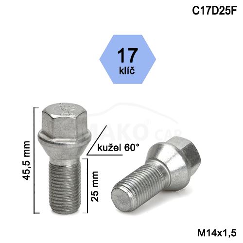 Kolový šroub M14x1,5x25 kužel, klíč 17 (C17D25-CC1/S) výška 45,5mm