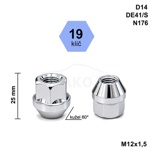 Kolová matice M12x1,5 kužel otevřená, klíč 19 (D14)(DE41/S)(N176) výška 25mm (8179)