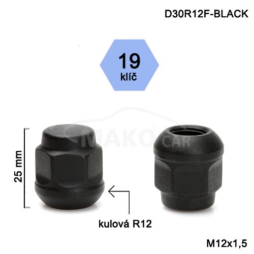 Kolová matice M12x1,5 kulová R12 zavřená, klíč 19 (D30R12-BLACK-AC1/S) výška 25mm (1)