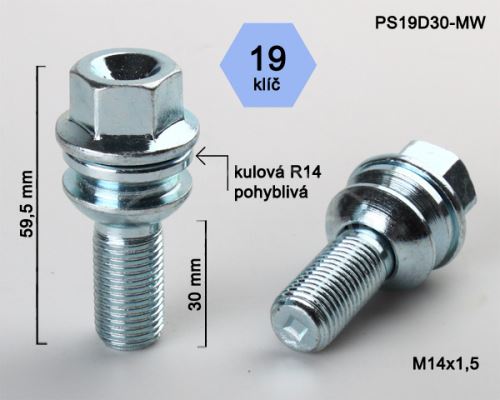Kolový šroub M14x1,5x30 kulová R14 pohyblivá, klíč 19 (S19D30R14MW) výška 59,5mm (3451)
