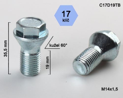 Kolový šroub M14x1,5x19 kužel s krátkou hlavou, klíč 17 (C17D19TB)(B225) výška 35,5mm (3408)