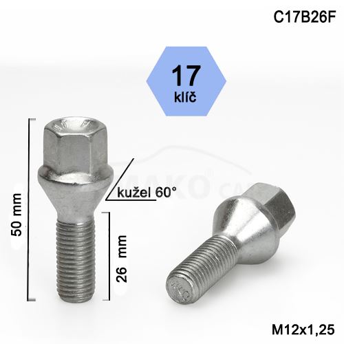 Kolový šroub M12x1,25x26 kužel, klíč 17 (C17B26-KBV3/S) výška 50mm