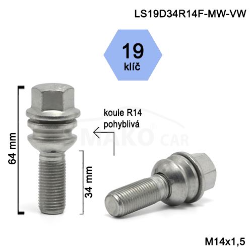 Kolový šroub M14x1,5x34 kulová R14 pohyblivá, klíč 19 (S19D34R14MW-VW) výška 64mm