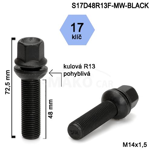 Kolový šroub M14x1,5x48 kulová R13 pohyblivá, klíč 17 (S17D48R13MW-BLACK-WP25) výška 72mm (1)