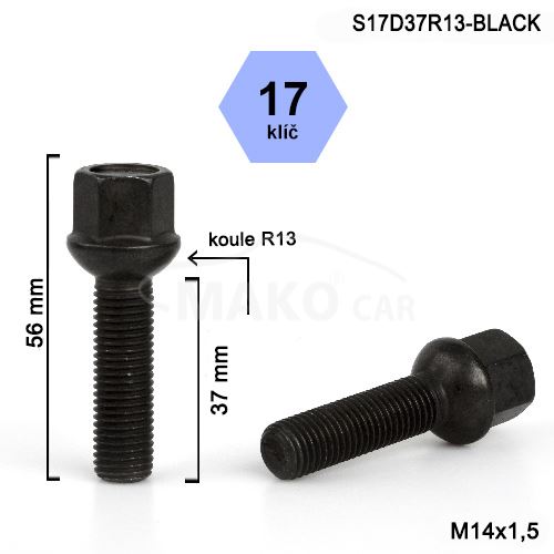 Kolový šroub M14x1,5x37 kulová R13, klíč 17 (S17D37R13-BLACK) výška 56mm