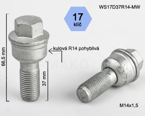 Kolový šroub M14x1,5x37 kulová R14 pohyblivá, klíč 17 (WS17D37R14MW)(BPP8) výška 66,5mm (8716)