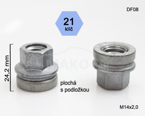 Kolová matice M14x2,0 plochá s podložkou otevřená, klíč 21 (DF08) FORD, výška 24mm (9559)