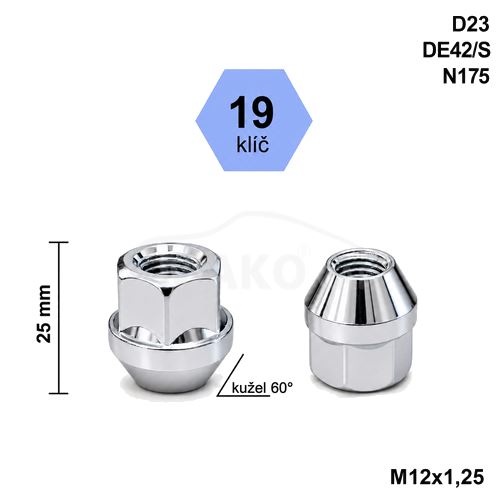 Kolová matice M12x1,25 kužel otevřená, klíč 19 (D23)(DE42/S)(N175) výška 25mm (3383)