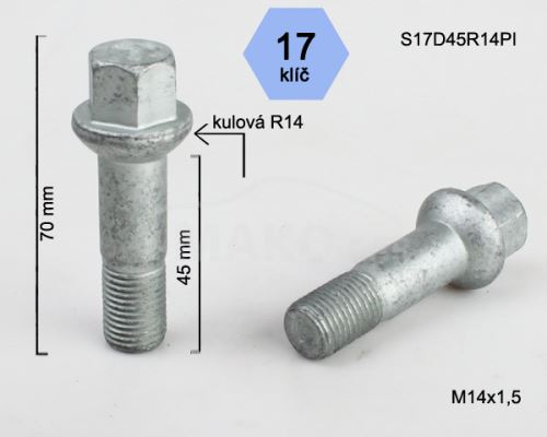 Kolový šroub M14x1,5x45 kulová R14, klíč 17 (S17D45R14MB) výška 70mm (8157)