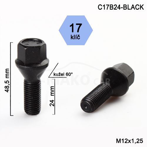 Kolový šroub M12x1,25x24 kužel, klíč 17 (C17B24-BLACK) výška 48,5mm