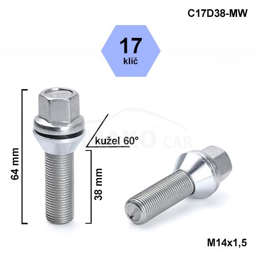 Kolový šroub M14x1,5x38 kužel pohyblivý, klíč 17 (C17D38MW-V1415KE387) výška 64mm