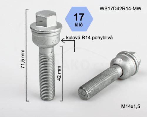 Kolový šroub M14x1,5x42 kulová R14 pohyblivá, klíč 17 (WS17D42R14MW)(BPP1) výška 71,5mm (8701)