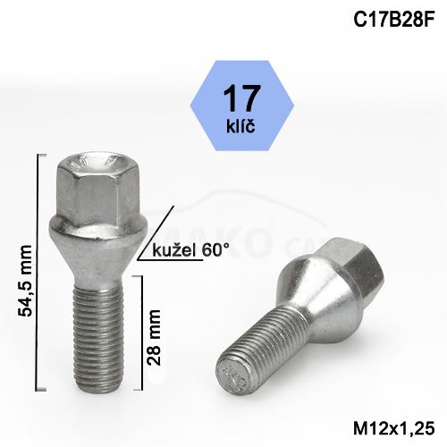 Kolový šroub M12x1,25x28 kužel, klíč 17 (C17B28-SH6BV10/S) výška 54,5mm